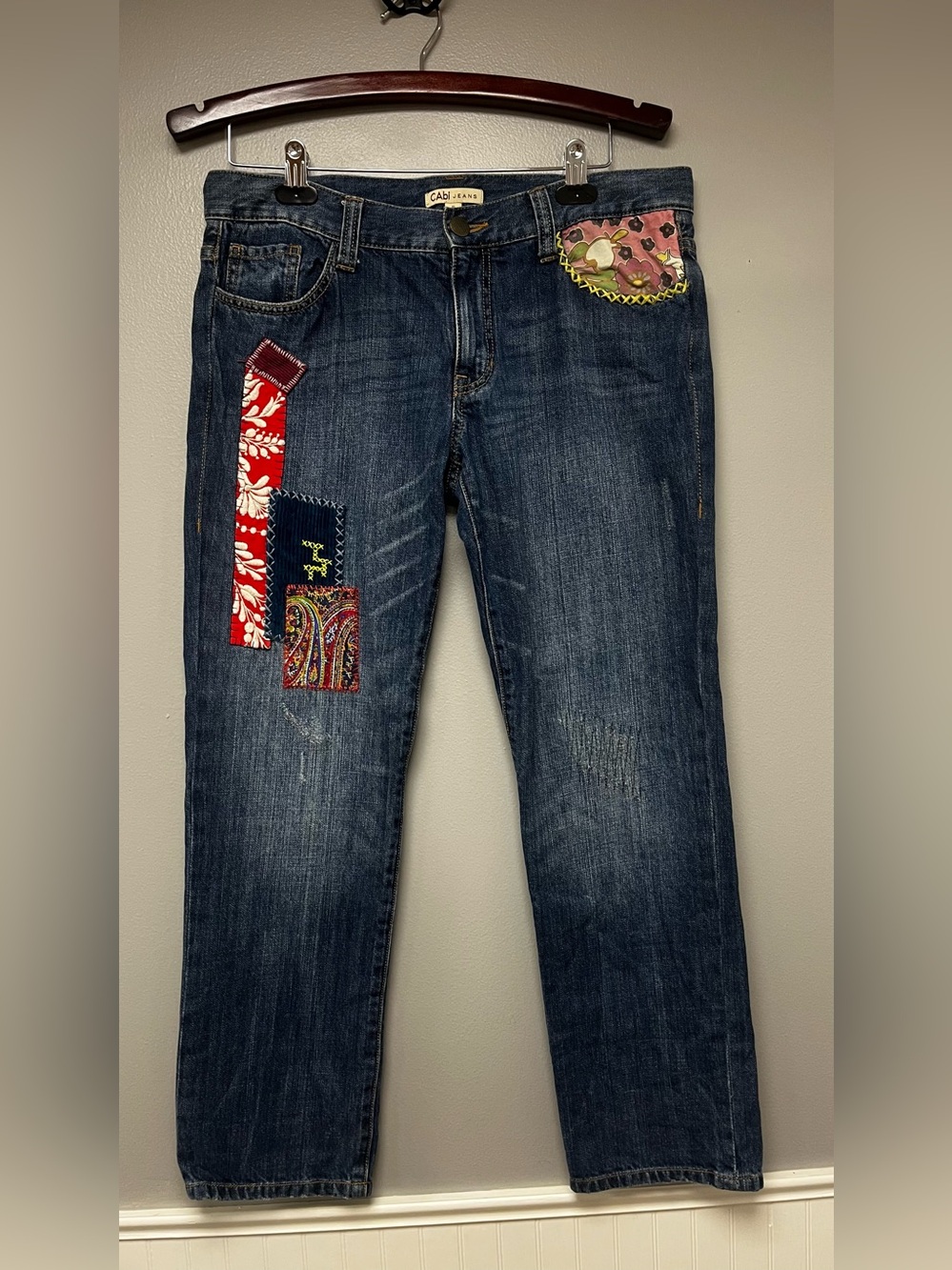 CAbi Dark Blue Denim Boyfriend Jeans with Multicolor Patchwork size 6